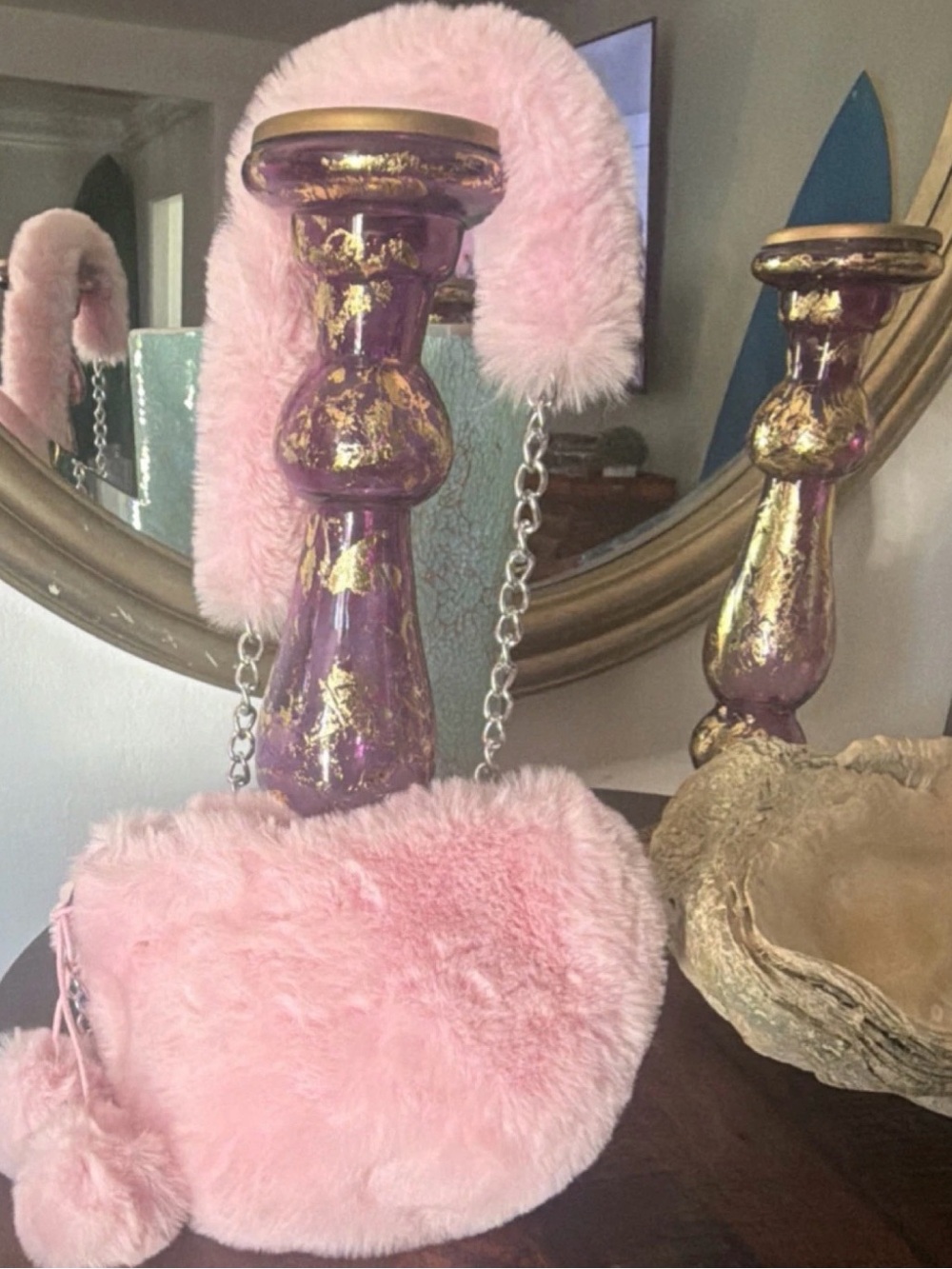 Pink Faux Fur Heart Shoulder Bag with Chain Strap and Pom Pom Accent